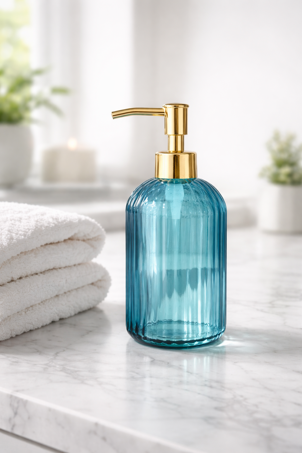 Ribbed Glass Soap Dispenser with Gold Pump – Refillable Liquid Hand Soap Bottle | Aesthetic Bathroom & Kitchen Decor Pakistan