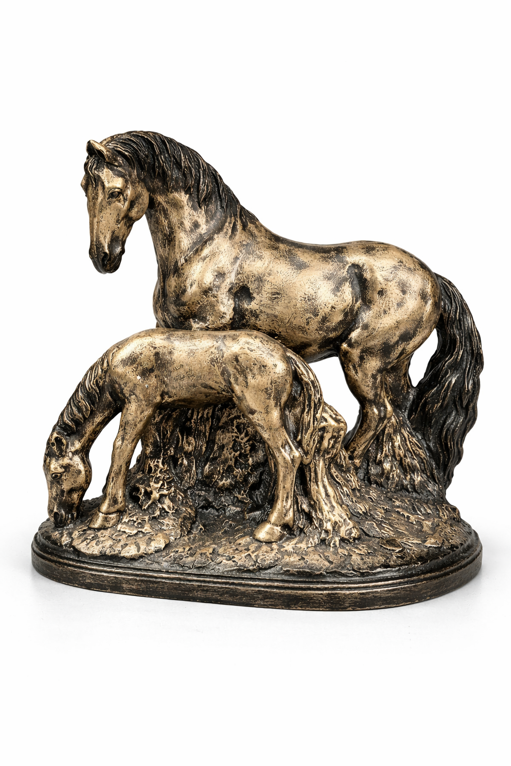 Bronze Mare & Foal Horse Statue – Antique Gold Resin Sculpture Showpiece | Symbol of Love & Grace | Home & Office Decor Pakistan