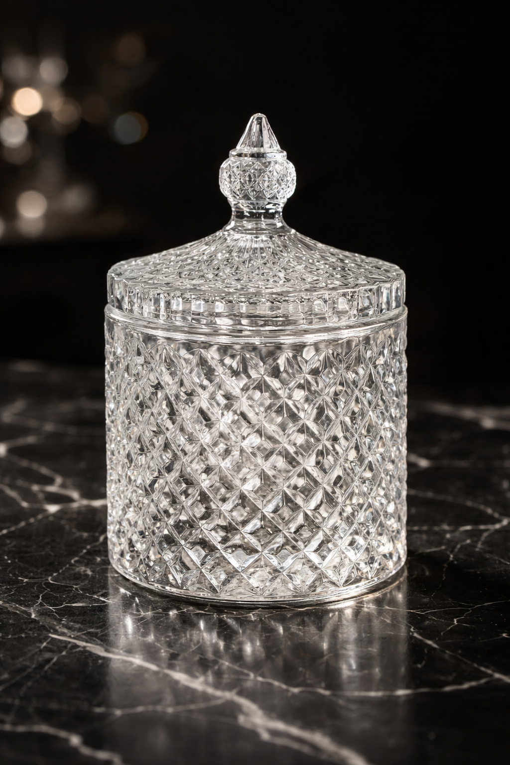 Crystal Glass Candy Jar with Lid – Diamond Cut Storage Jar for Sweets, Dry Fruits & Chocolates | Elegant Home Decor & Gift Pakistan