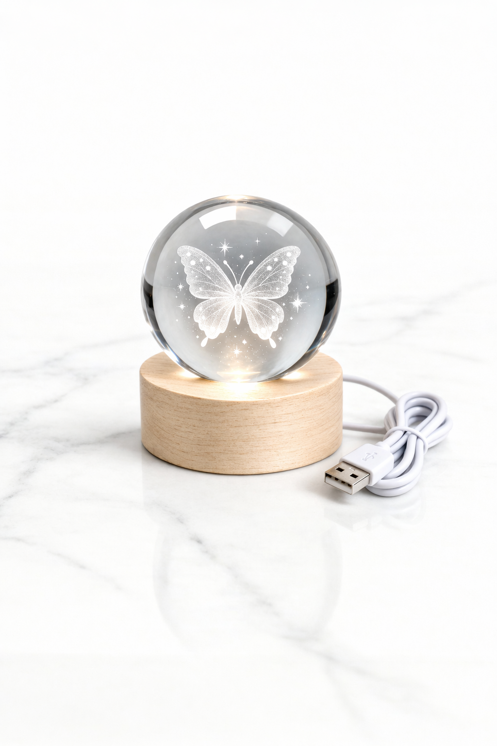 3D Butterfly Crystal Ball LED Night Light – USB Powered with Wooden Base | Bedroom Lamp & Aesthetic Gift for Girls | Pakistan