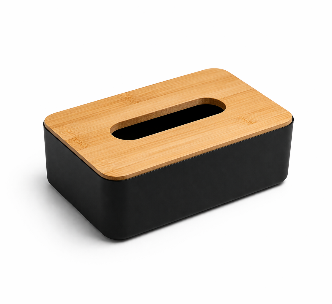 Bamboo Wooden Tissue Box Holder – Black Body with Natural Wood Lid | Tissue Paper Cover for Bedroom, Office & Living Room | Pakistan
