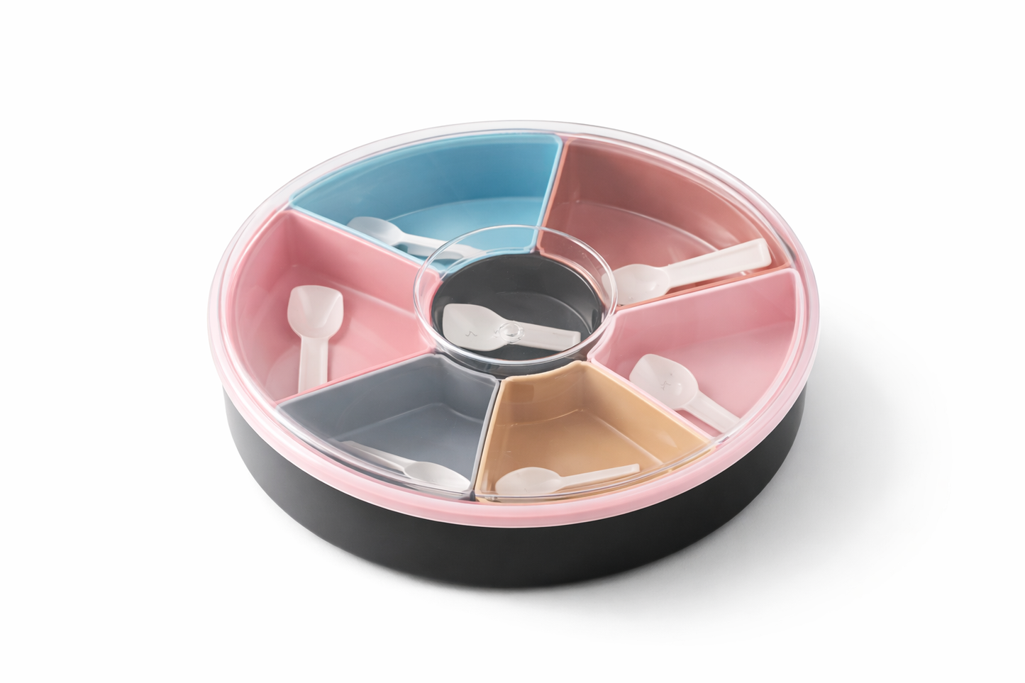 Round Divided Dry Fruit & Snack Serving Tray with Spoons – 6 Compartment Organizer with Center Bowl | Party & Eid Serving Platter Pakistan