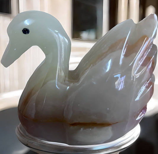 Vintage Hand Carved Swan Figurine White Quartz Stone Rock wBase - Home Decore - Decoration Piece