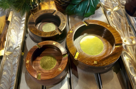 Wooden Ashtray, Brass Decorated Ashtray Set, Ashtrays