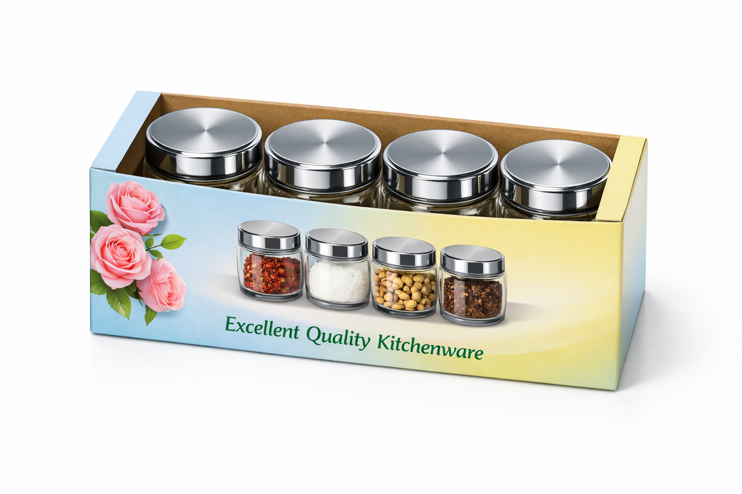 Pack of 4 Glass Spice Jars with Steel Lids – Airtight Kitchen Storage Containers for Masala, Salt, Dry Fruits & Condiments | Pakistan