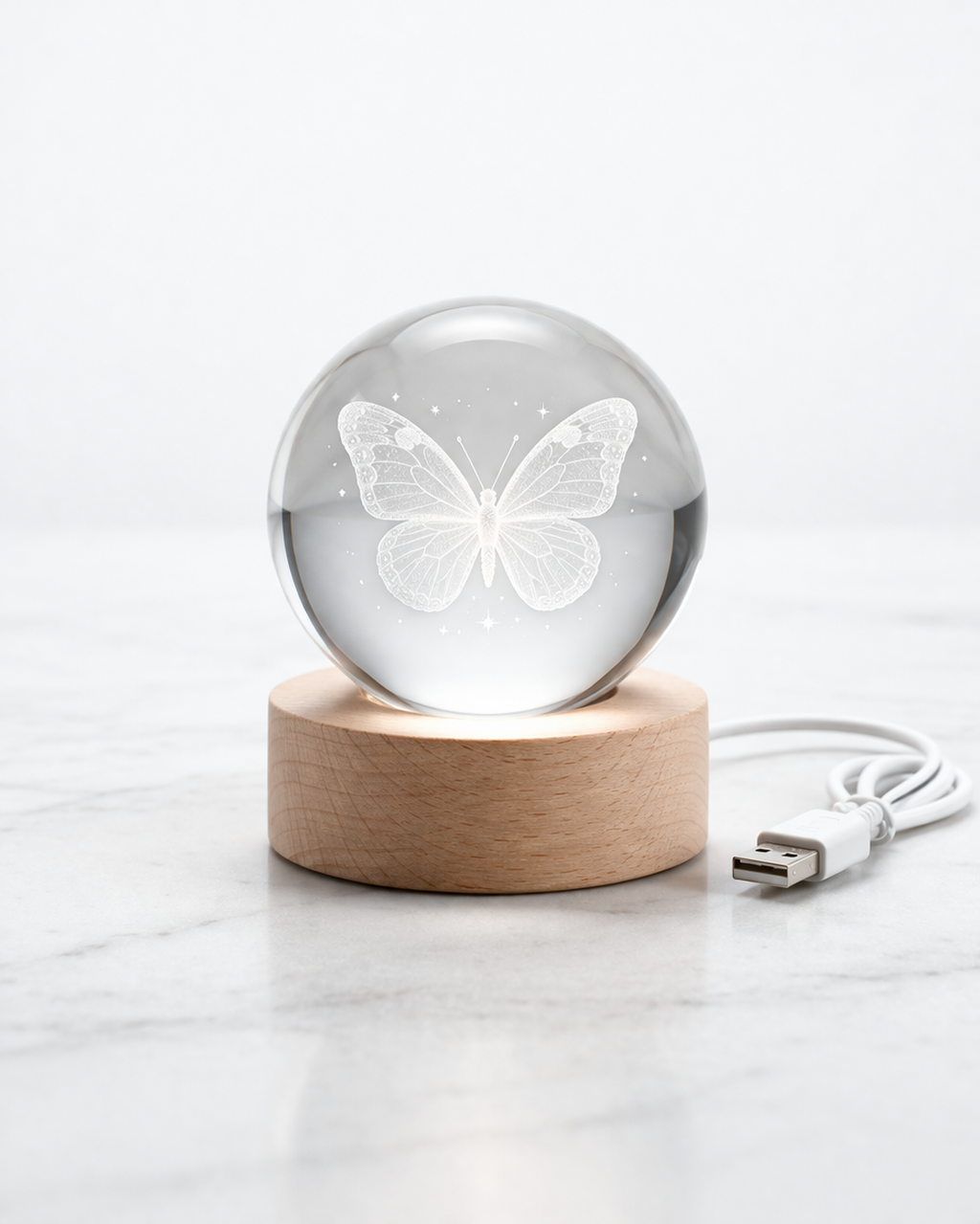 3D Butterfly Crystal Ball LED Night Light – USB Powered with Wooden Base | Bedroom Lamp & Aesthetic Gift for Girls | Pakistan