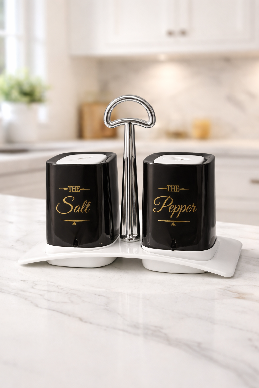 Black & Gold Salt and Pepper Set with Chrome Handle Stand – Ceramic Condiment Holder for Dining Table & Kitchen | Pakistan