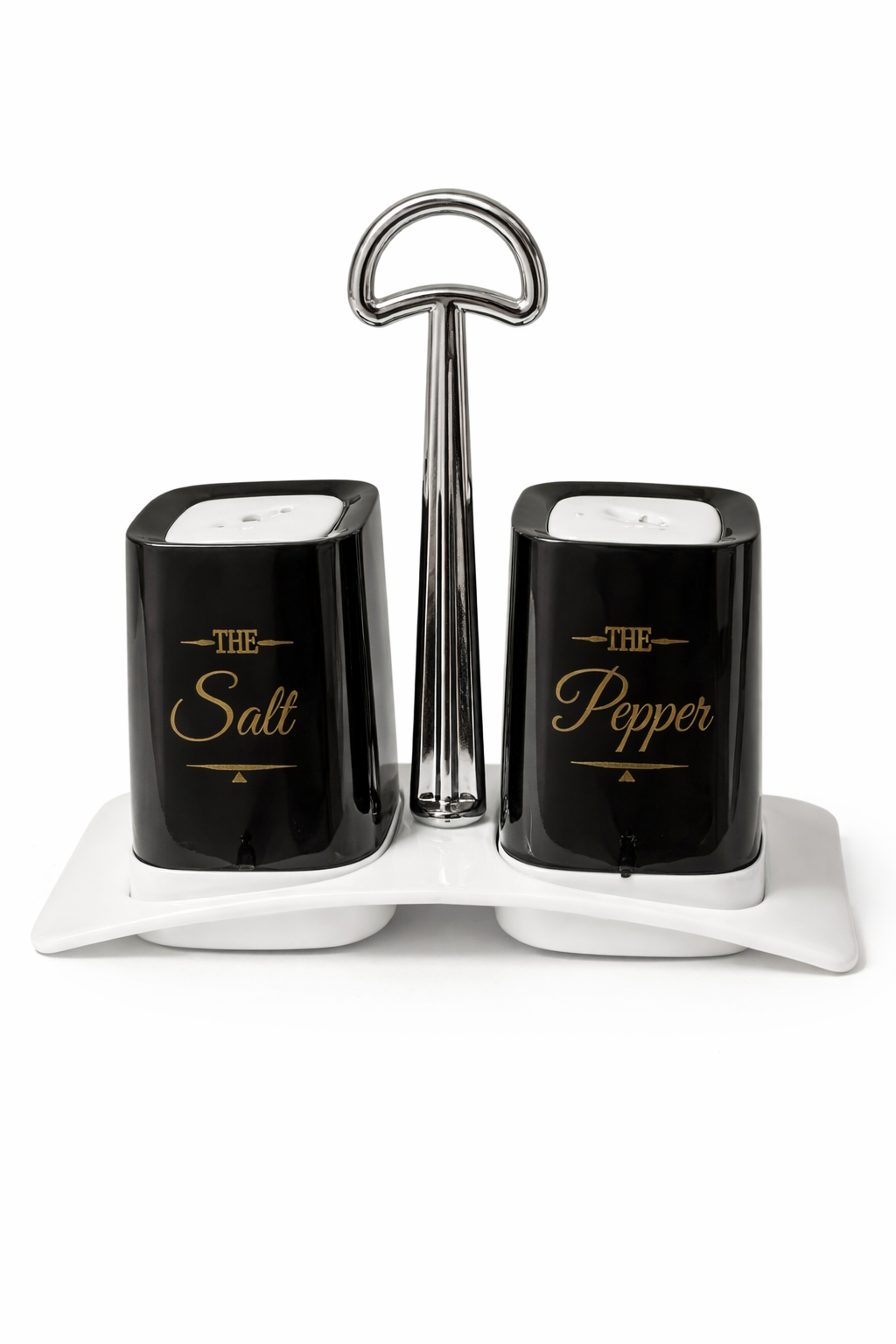 Black & Gold Salt and Pepper Set with Chrome Handle Stand – Ceramic Condiment Holder for Dining Table & Kitchen | Pakistan