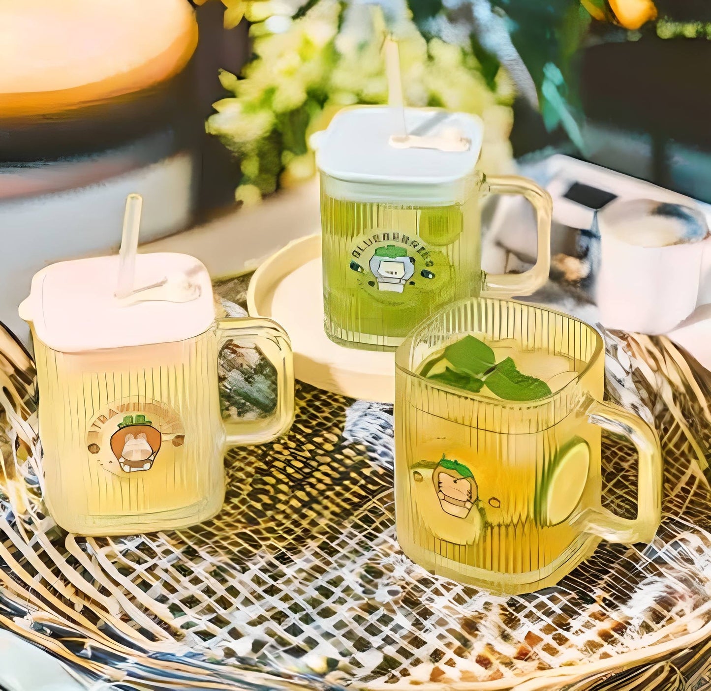 Square Mug - Stylish borosilicate square mug with a colorful silicone straw and acrylic lid, perfect for hot and cold beverages, 420ml capacity for versatile use.